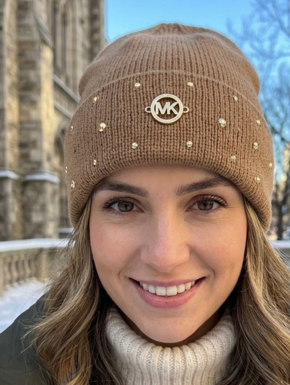 MICHAEL Michael Kors Camel Beanie with Gold MK Emblem and Studs • Size OS